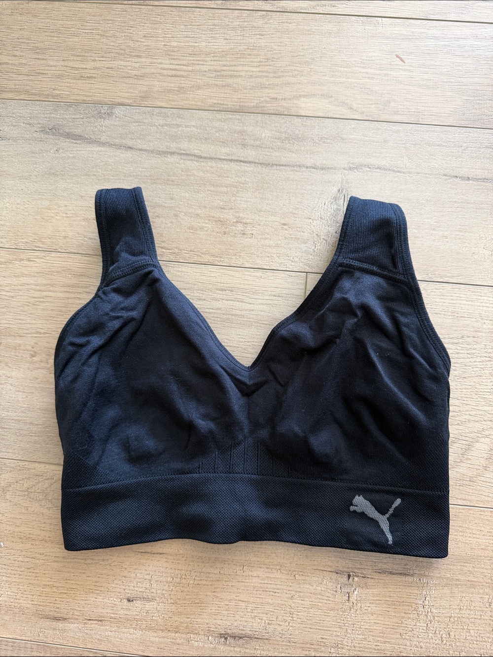 Puma Black Seamless V-Neck Sports Bra with Logo